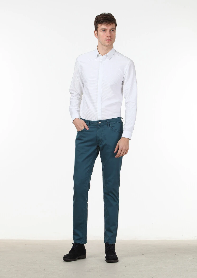 Petrol Blue Weaving Slim Fit Casual Cotton Blended Trousers - 1