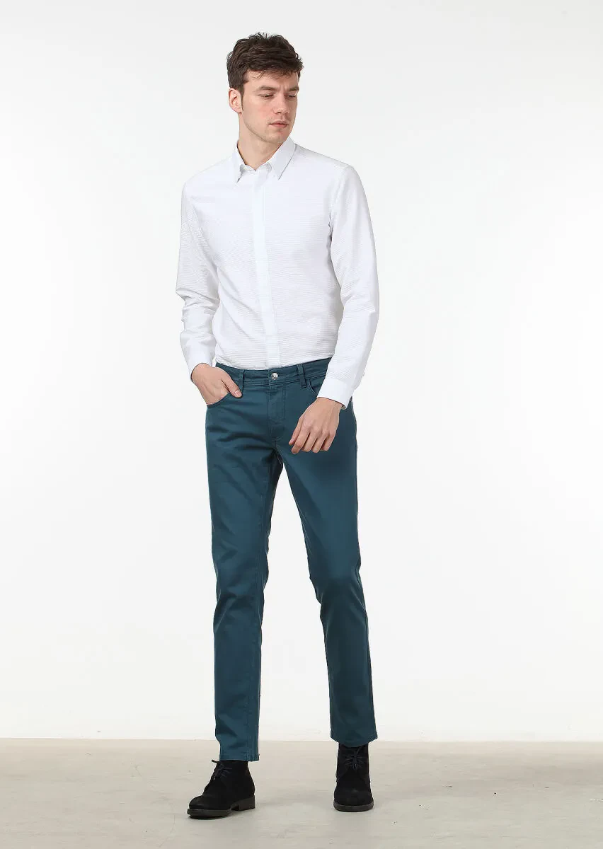 Petrol Blue Weaving Slim Fit Casual Cotton Blended Trousers - 2