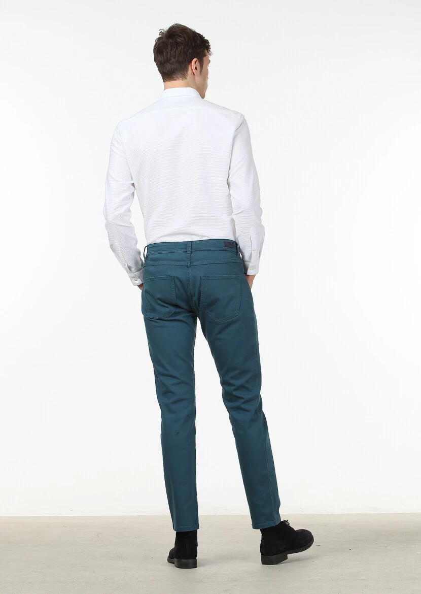 Petrol Blue Weaving Slim Fit Casual Cotton Blended Trousers - 4