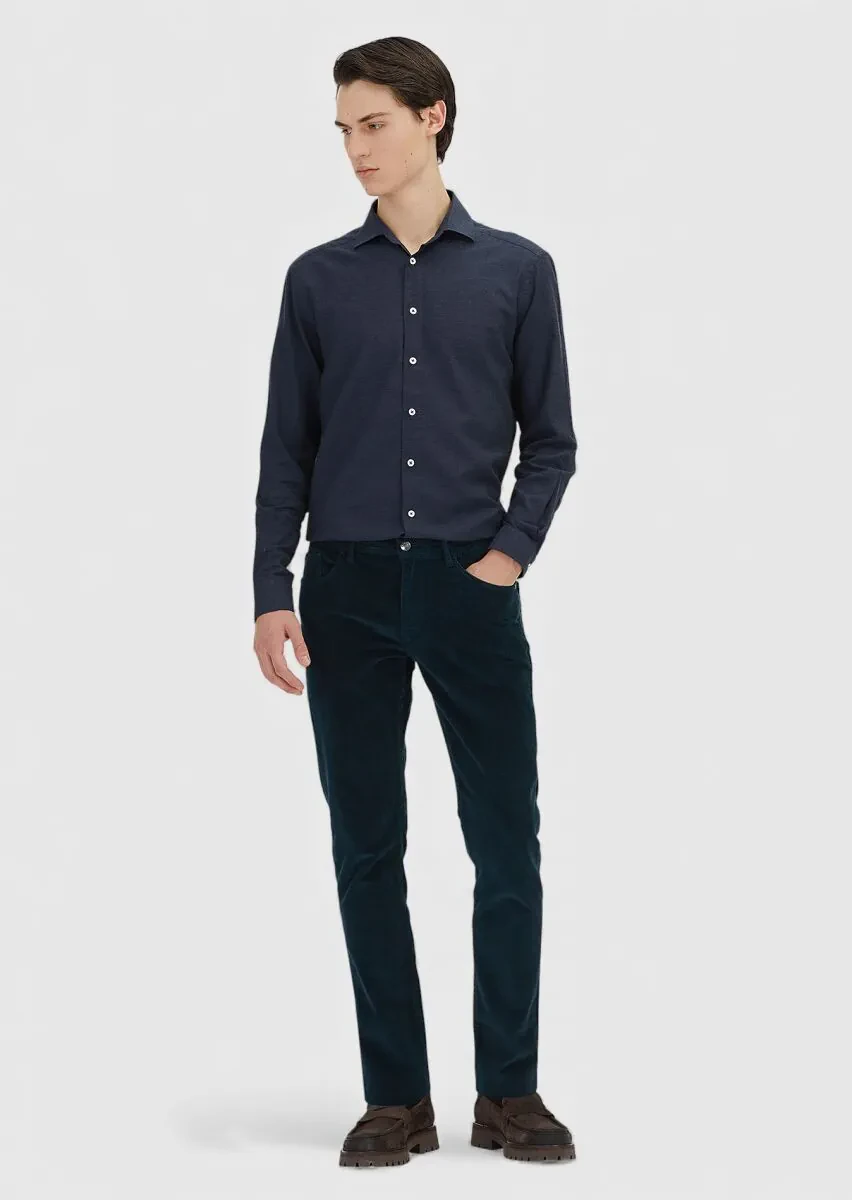 Petrol Blue Weaving Slim Fit Casual Cotton Blended Trousers - 1