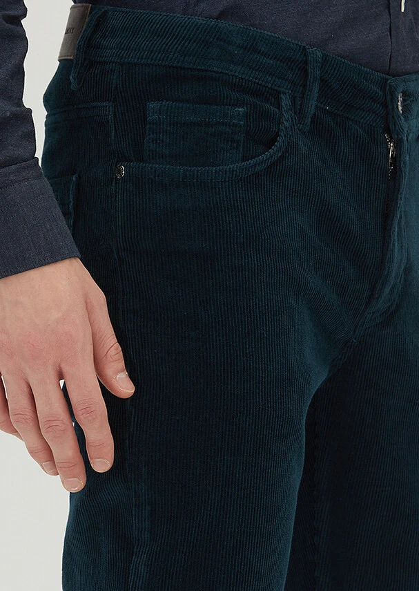 Petrol Blue Weaving Slim Fit Casual Cotton Blended Trousers - 3