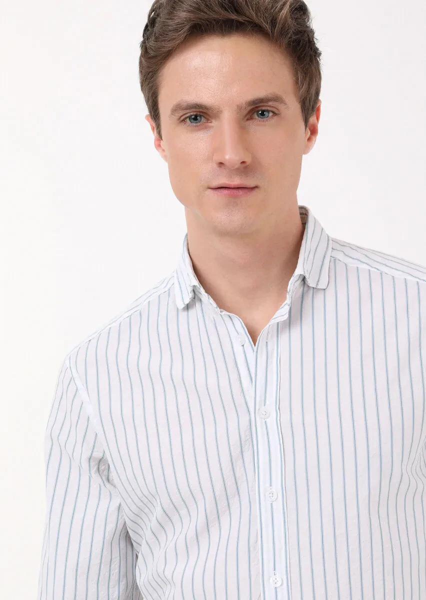 Petrol Çizgili Regular Fit Dokuma Casual Pamuk Karışımlı Gömlek - 2