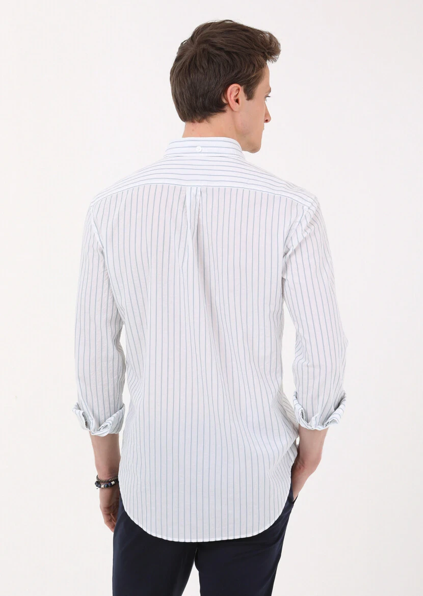 Petrol Çizgili Regular Fit Dokuma Casual Pamuk Karışımlı Gömlek - 5