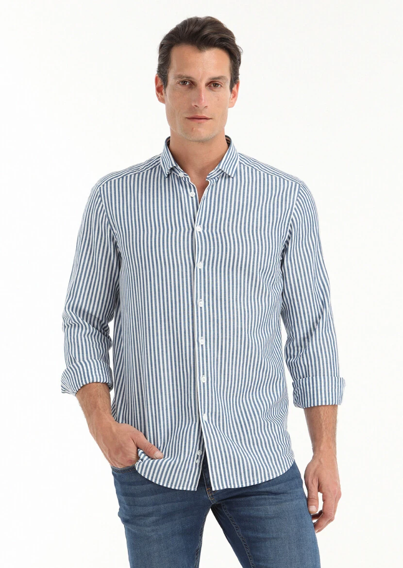 Petrol Çizgili Regular Fit Dokuma Casual Pamuk Karışımlı Gömlek - 2