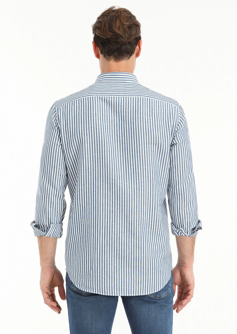 Petrol Çizgili Regular Fit Dokuma Casual Pamuk Karışımlı Gömlek - 4