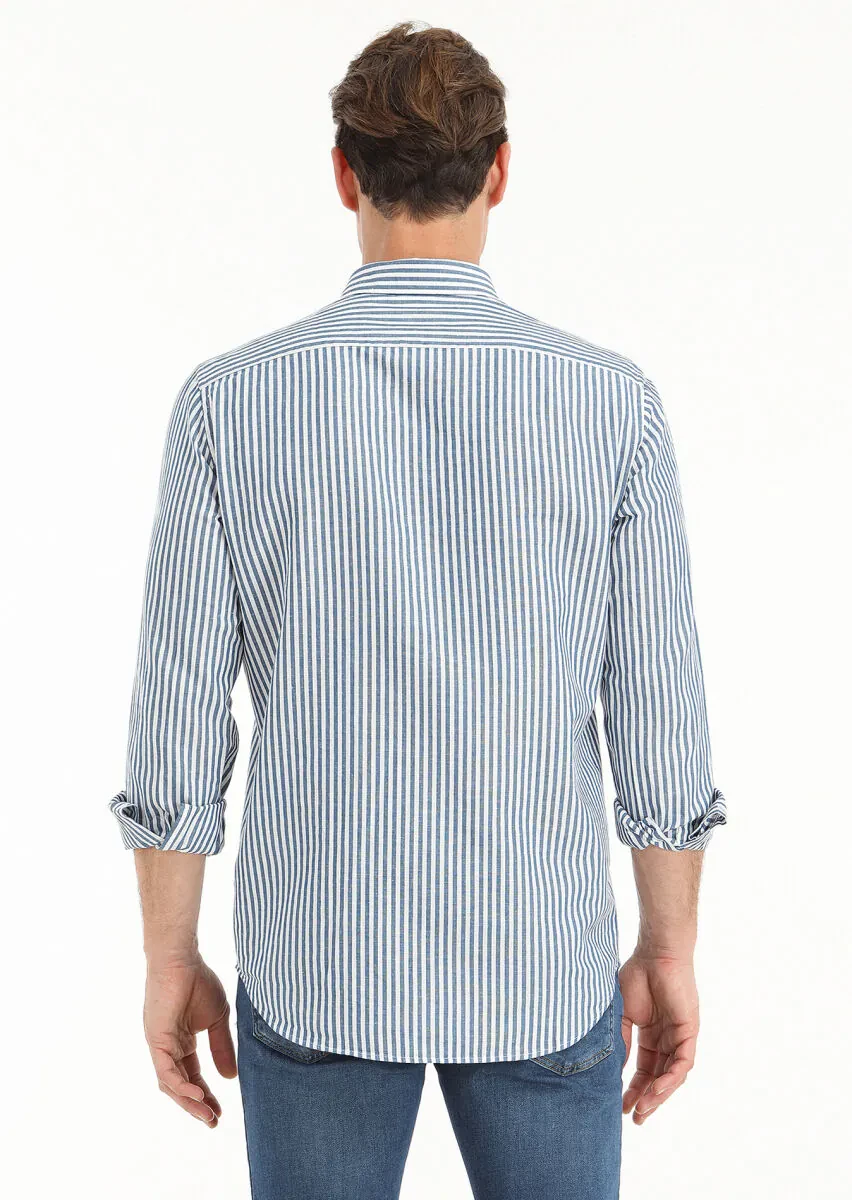 Petrol Çizgili Regular Fit Dokuma Casual Pamuk Karışımlı Gömlek - 4