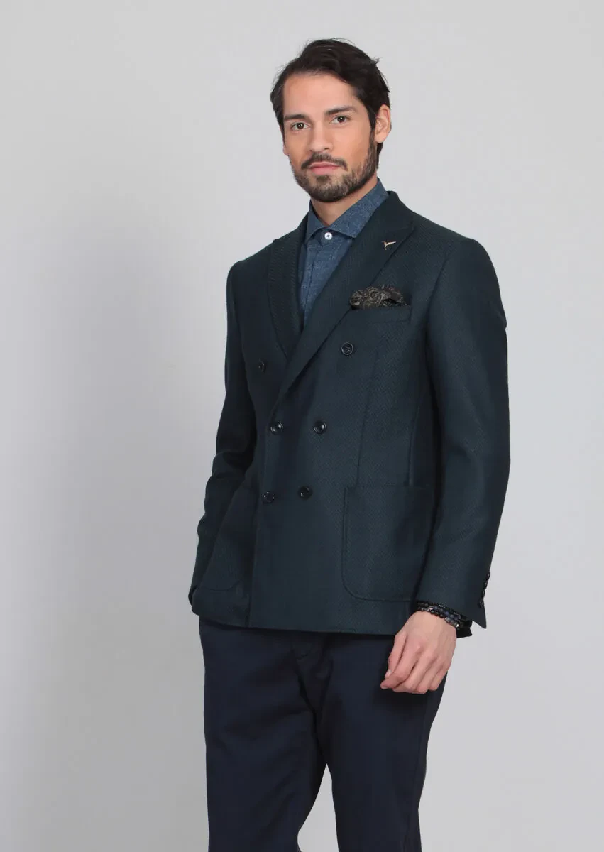 Petrol Desenli Dinamik Fit %100 Yün Ceket - 1