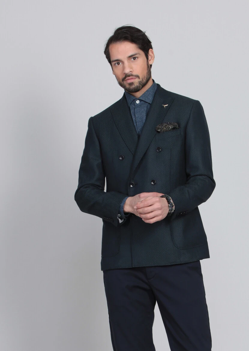 Petrol Desenli Dinamik Fit %100 Yün Ceket - 2