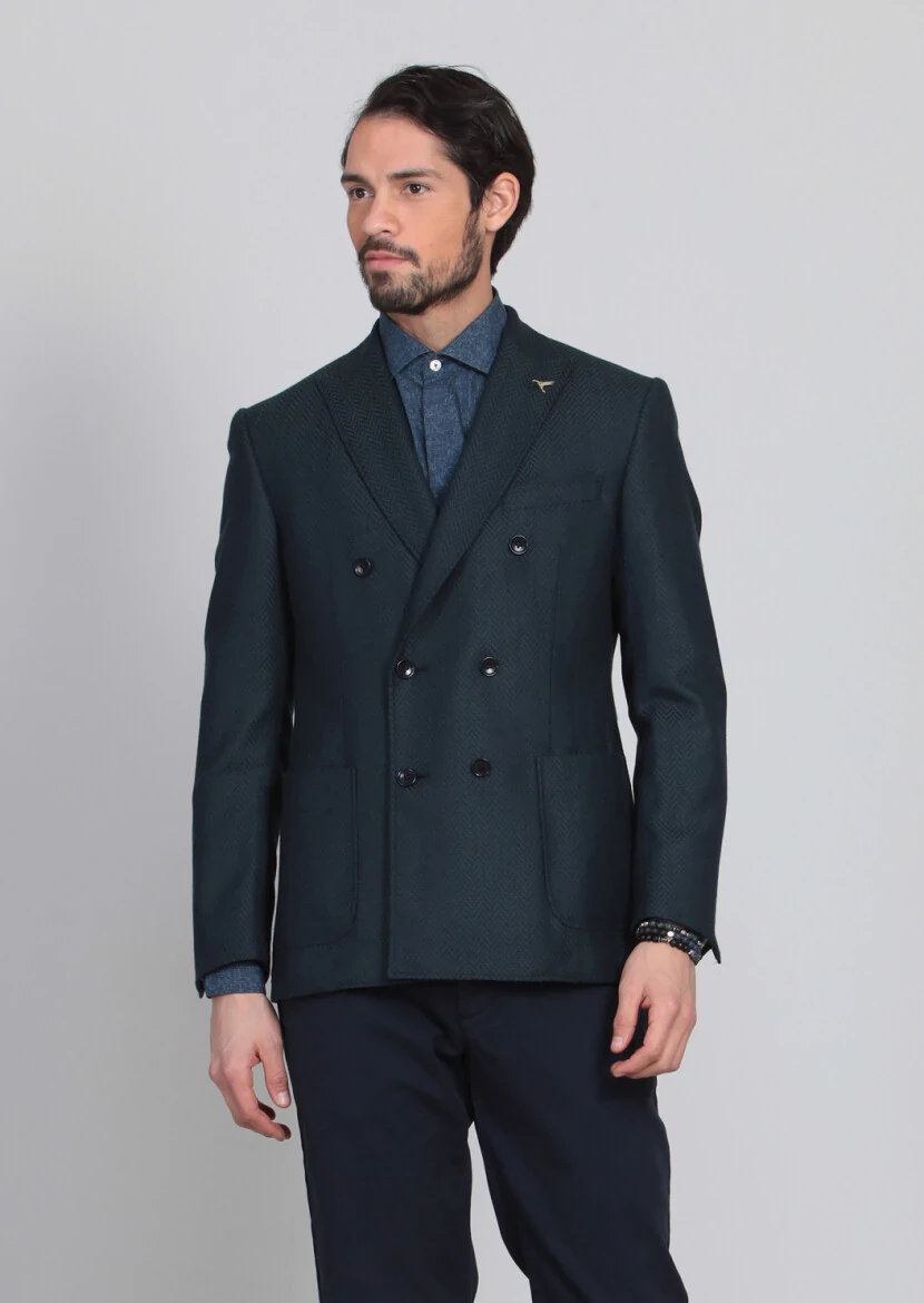 Petrol Desenli Dinamik Fit %100 Yün Ceket - 3