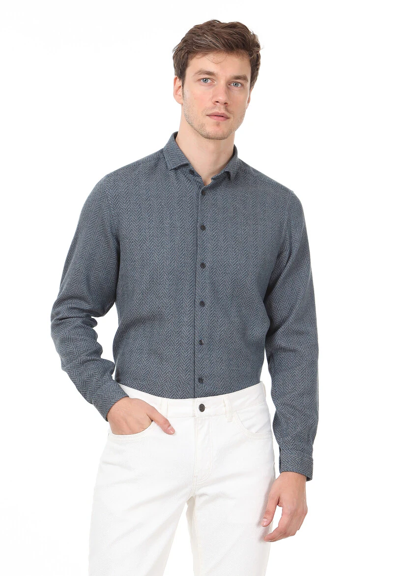 Petrol Desenli Regular Fit Dokuma Casual %100 Pamuk Gömlek - 1