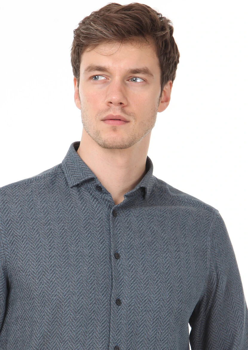 Petrol Desenli Regular Fit Dokuma Casual %100 Pamuk Gömlek 