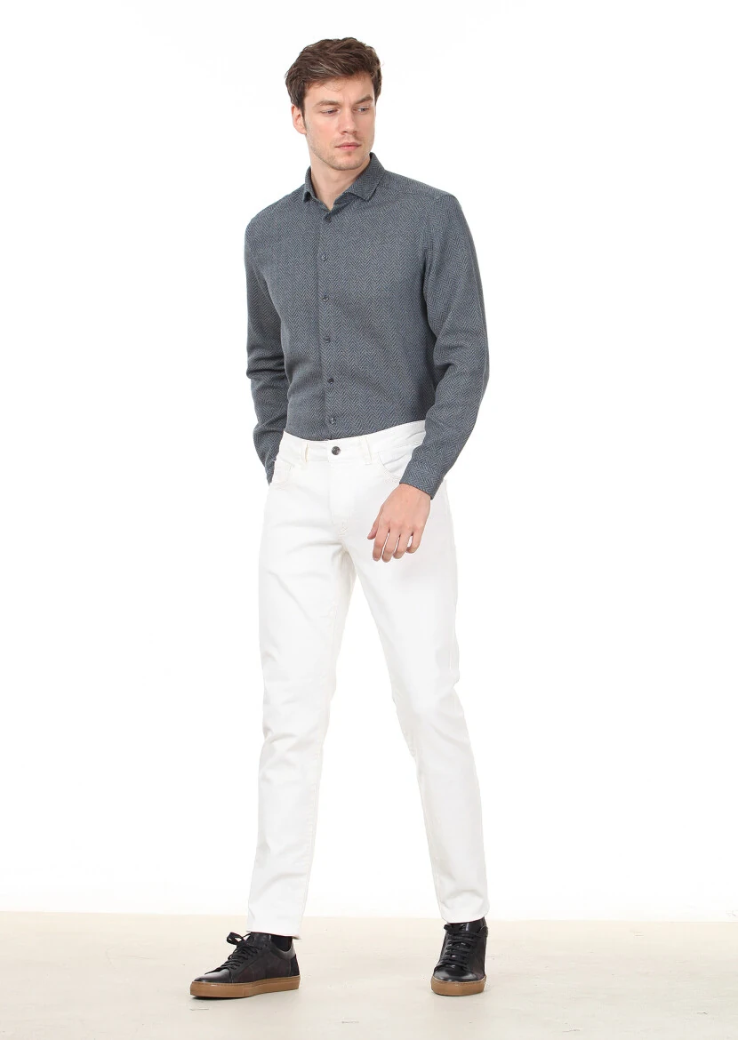 Petrol Desenli Regular Fit Dokuma Casual %100 Pamuk Gömlek - 3