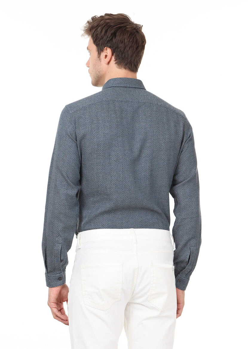 Petrol Desenli Regular Fit Dokuma Casual %100 Pamuk Gömlek - 4