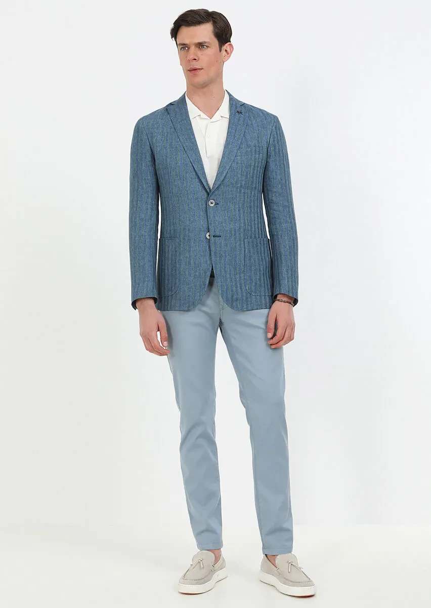 Petrol Desenli Shirt Shoulder Slim Fit %100 Keten Ceket - 2