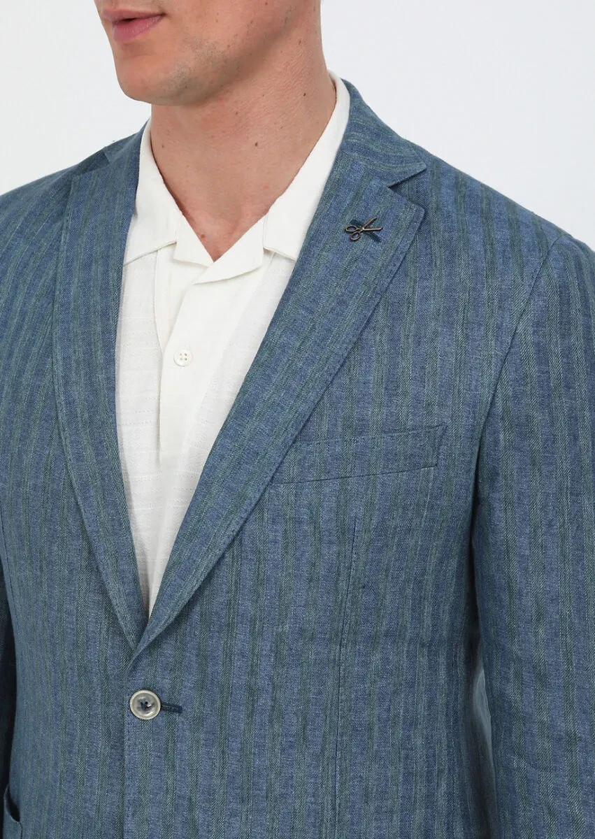 Petrol Desenli Shirt Shoulder Slim Fit %100 Keten Ceket - 4