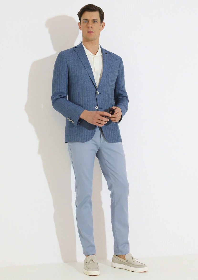 Petrol Desenli Shirt Shoulder Slim Fit %100 Keten Ceket - 5