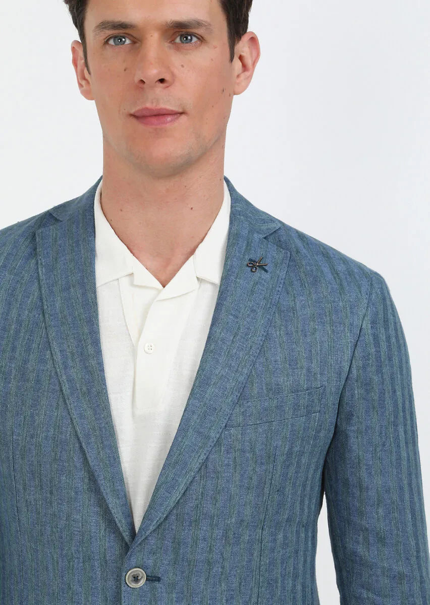 Petrol Desenli Shirt Shoulder Slim Fit %100 Keten Ceket - 6