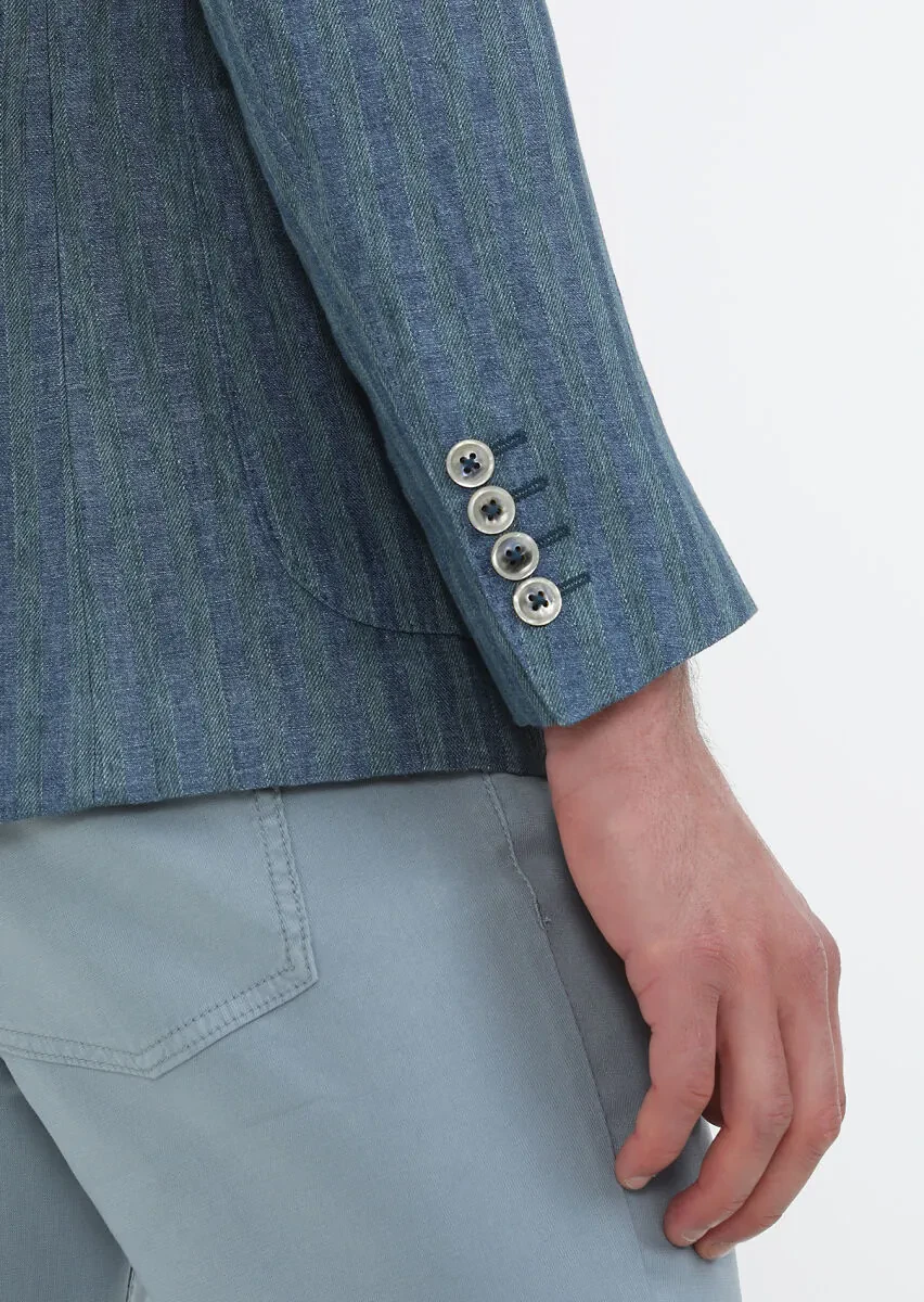 Petrol Desenli Shirt Shoulder Slim Fit %100 Keten Ceket - 7