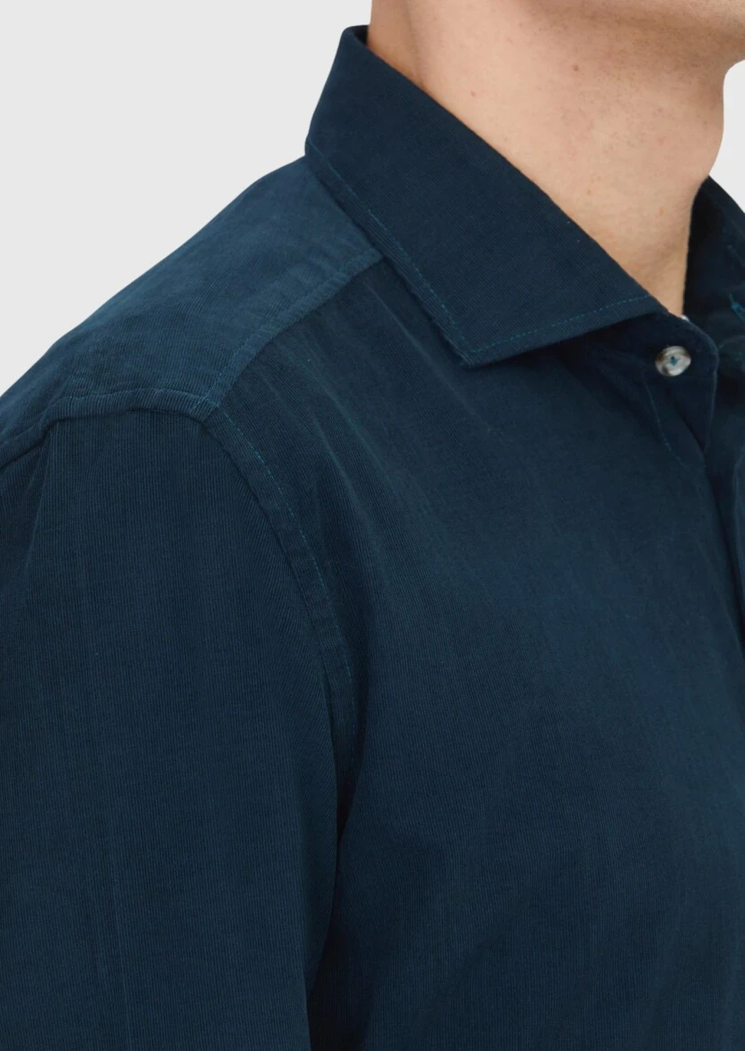 Petrol Düz Dokuma Kadife Casual %100 Pamuk Gömlek - 4