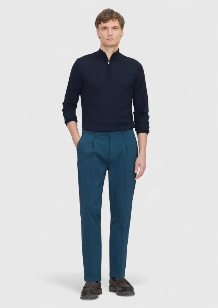 Petrol Düz Dokuma Regular Fit Casual Pamuk Karışımlı Pantolon - 1