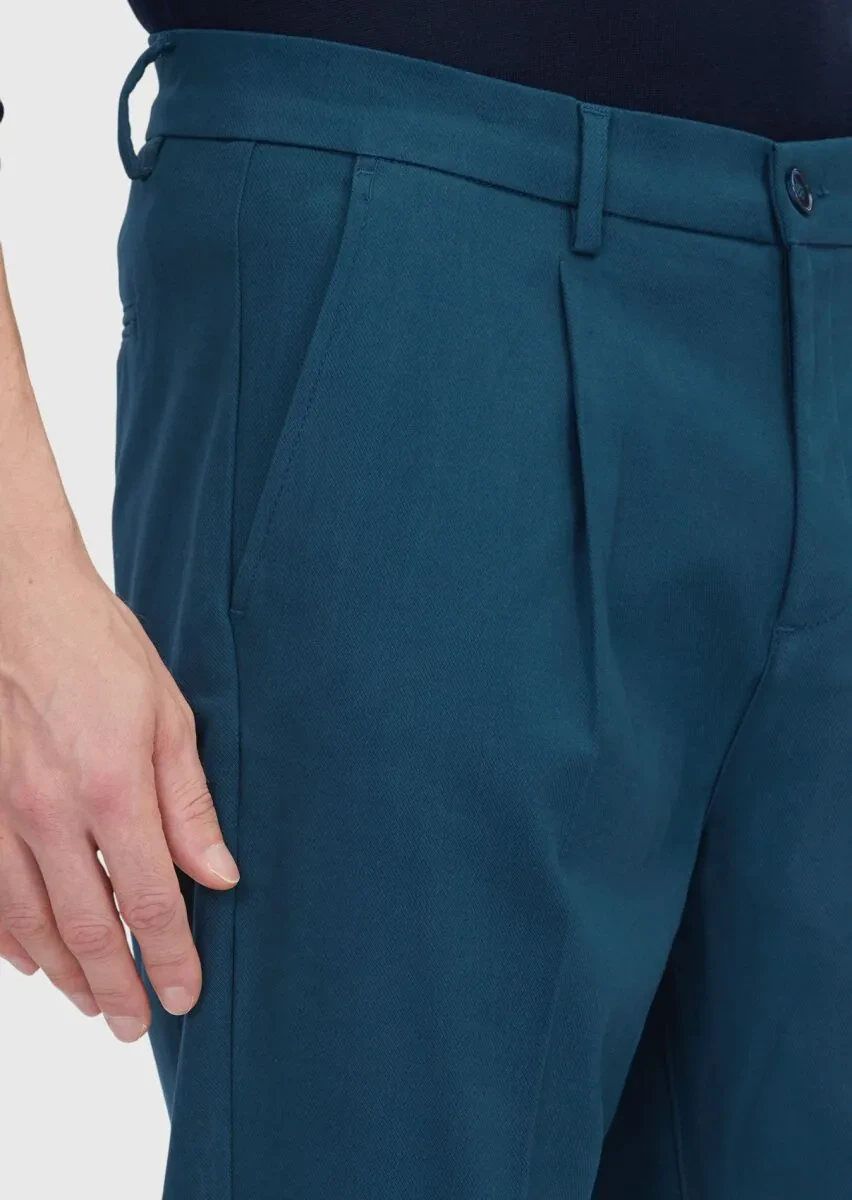 Petrol Düz Dokuma Regular Fit Casual Pamuk Karışımlı Pantolon - 3