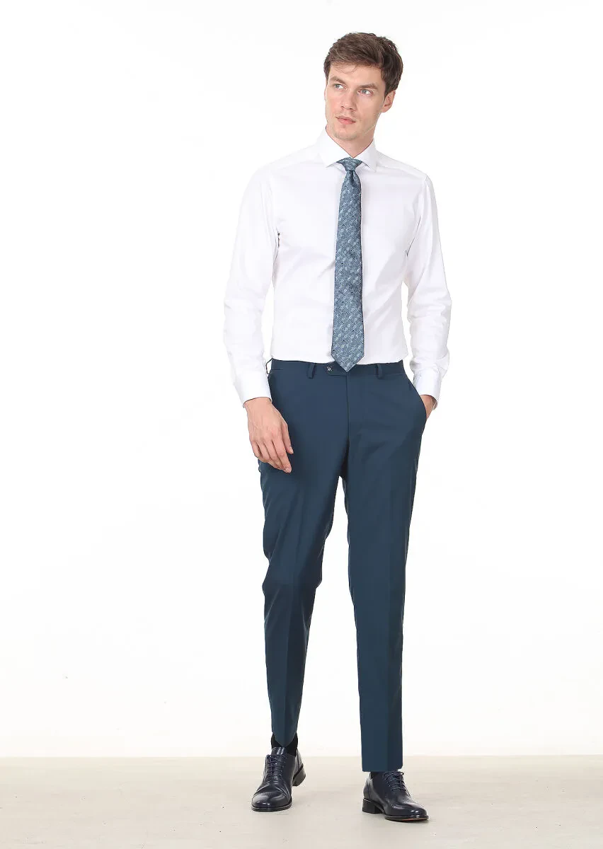 Petrol Düz Dokuma Regular Fit Klasik %100 Yün Pantolon - 1