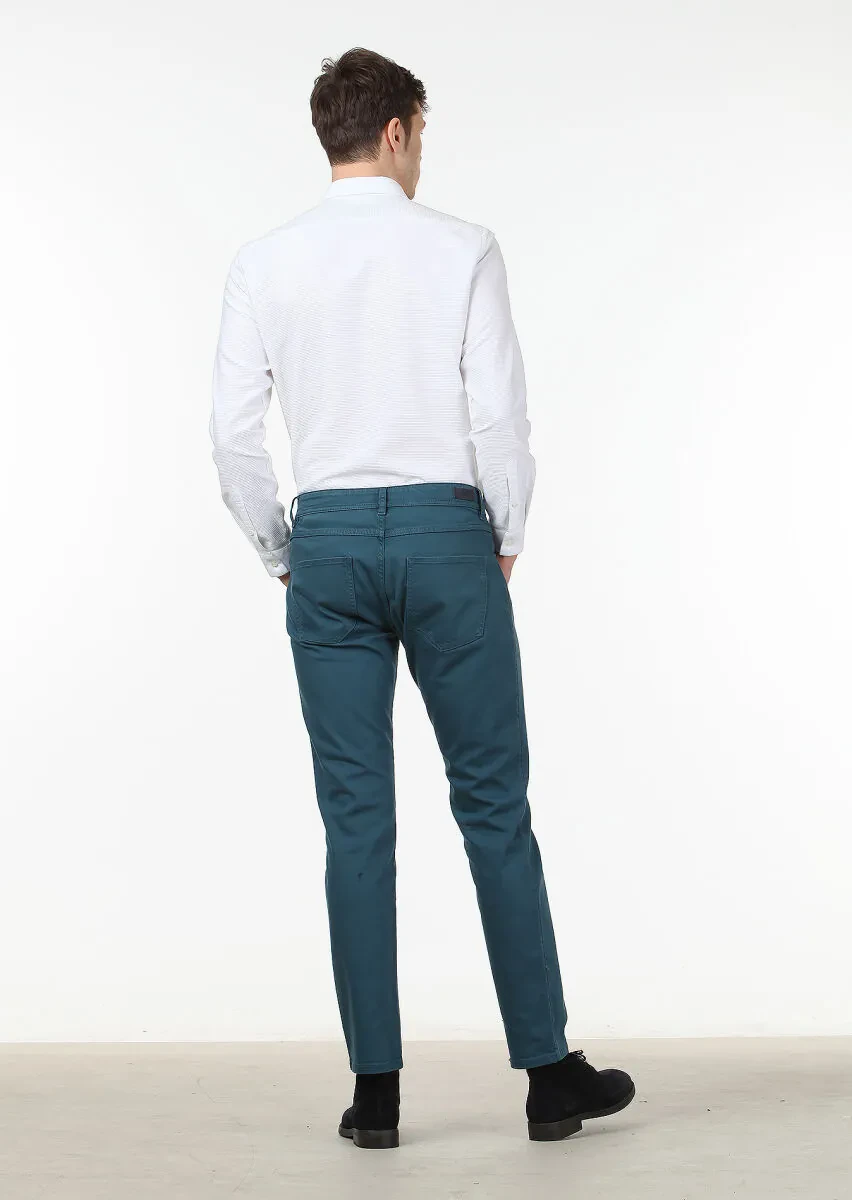 Petrol Düz Dokuma Slim Fit Casual Pamuk Karışımlı Pantolon - 4