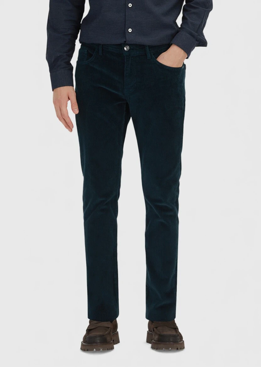 Petrol Düz Dokuma Slim Fit Kadife Casual Pamuk Karışımlı Pantolon 