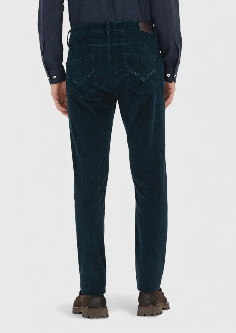 Petrol Düz Dokuma Slim Fit Kadife Casual Pamuk Karışımlı Pantolon - 5