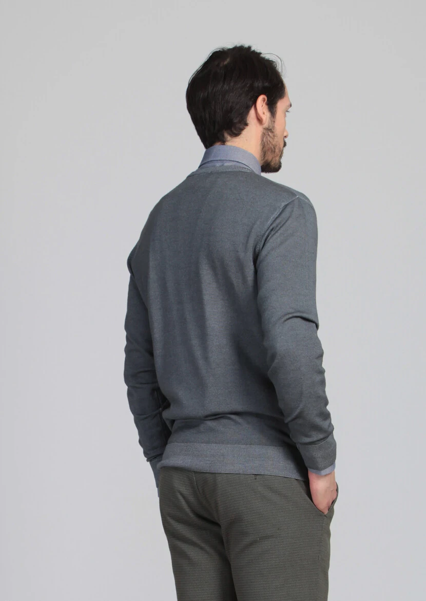 Petrol Düz Örgü %100 Yün Triko Kazak - 5