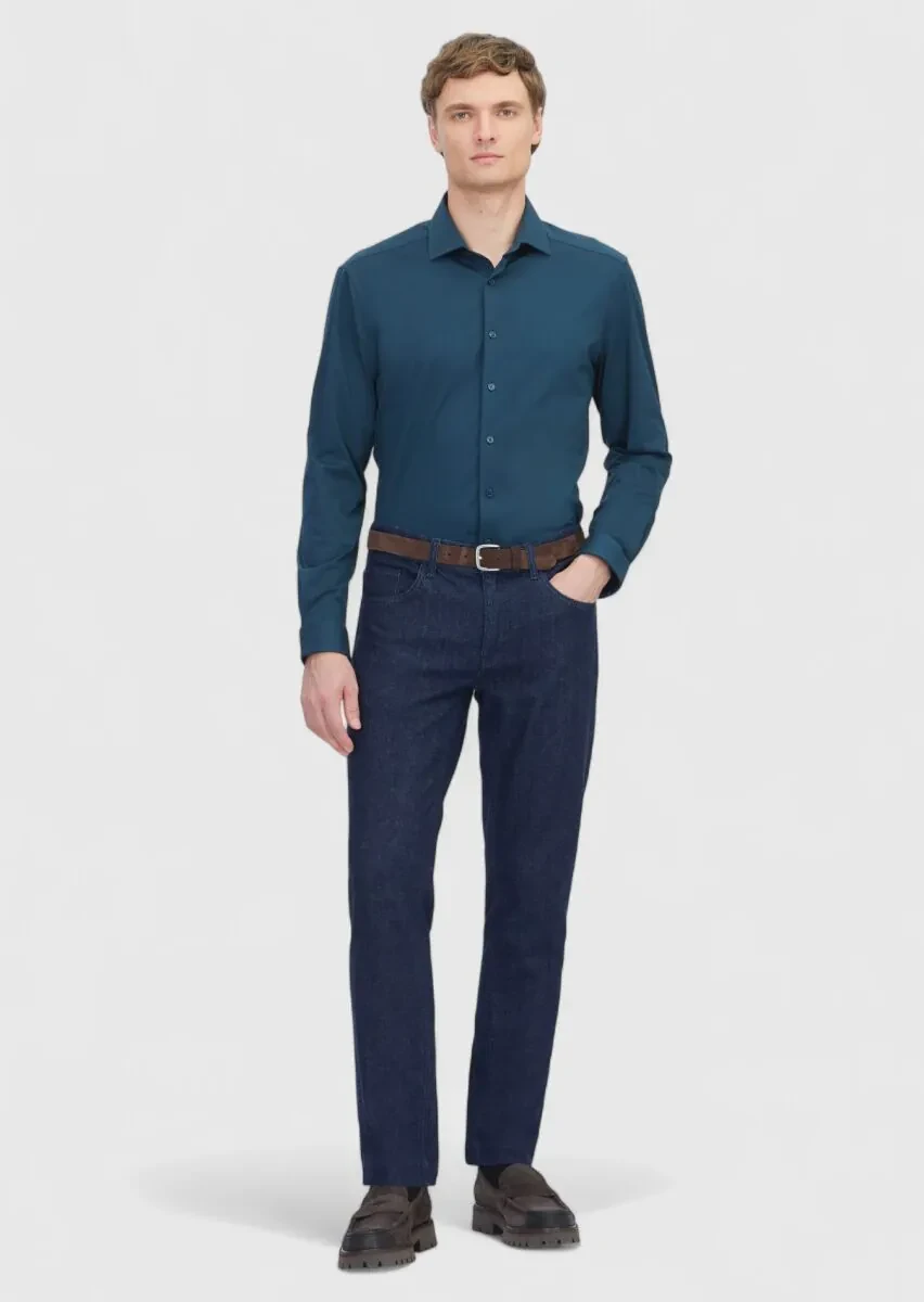 Petrol Düz Regular Fit Casual Pamuk Karışımlı Gömlek - 2