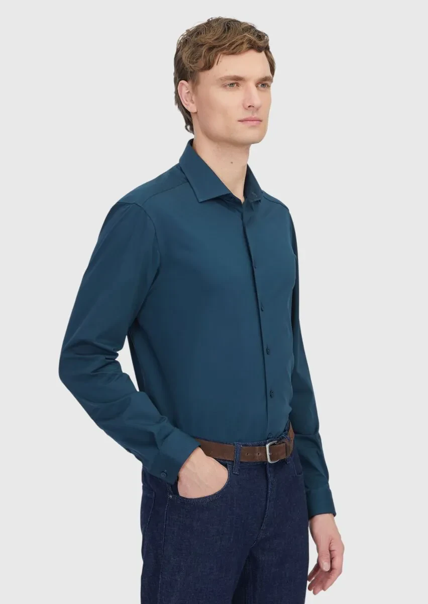Petrol Düz Regular Fit Casual Pamuk Karışımlı Gömlek - 3