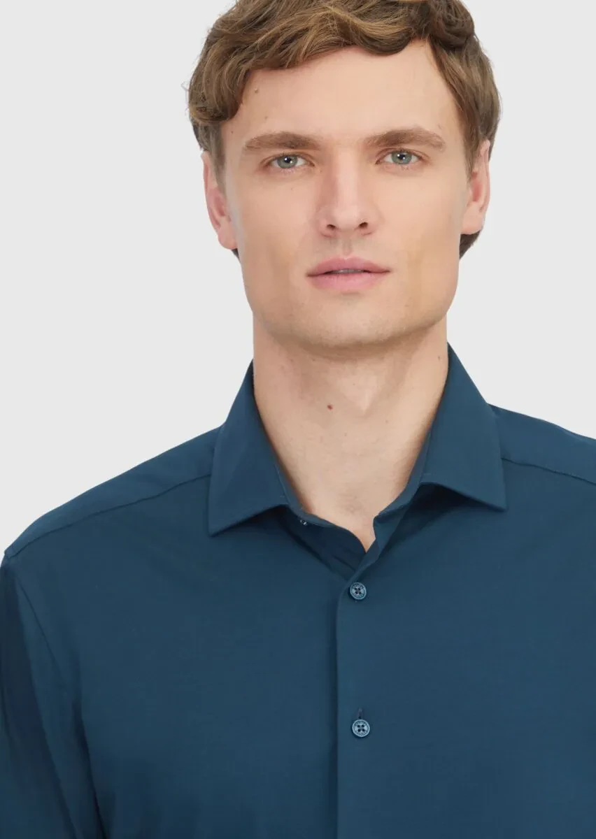 Petrol Düz Regular Fit Casual Pamuk Karışımlı Gömlek - 4