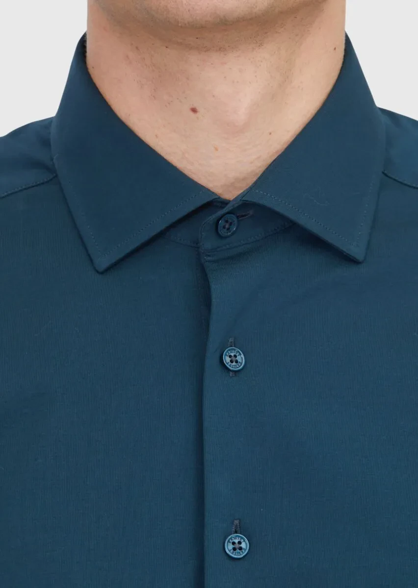 Petrol Düz Regular Fit Casual Pamuk Karışımlı Gömlek - 5