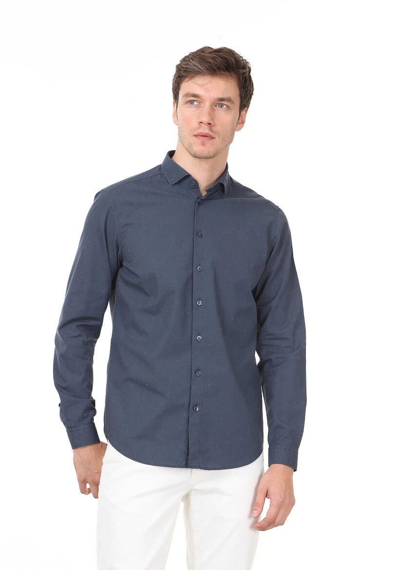 Petrol Düz Slim Fit Dokuma Casual %100 Pamuk Gömlek - 1