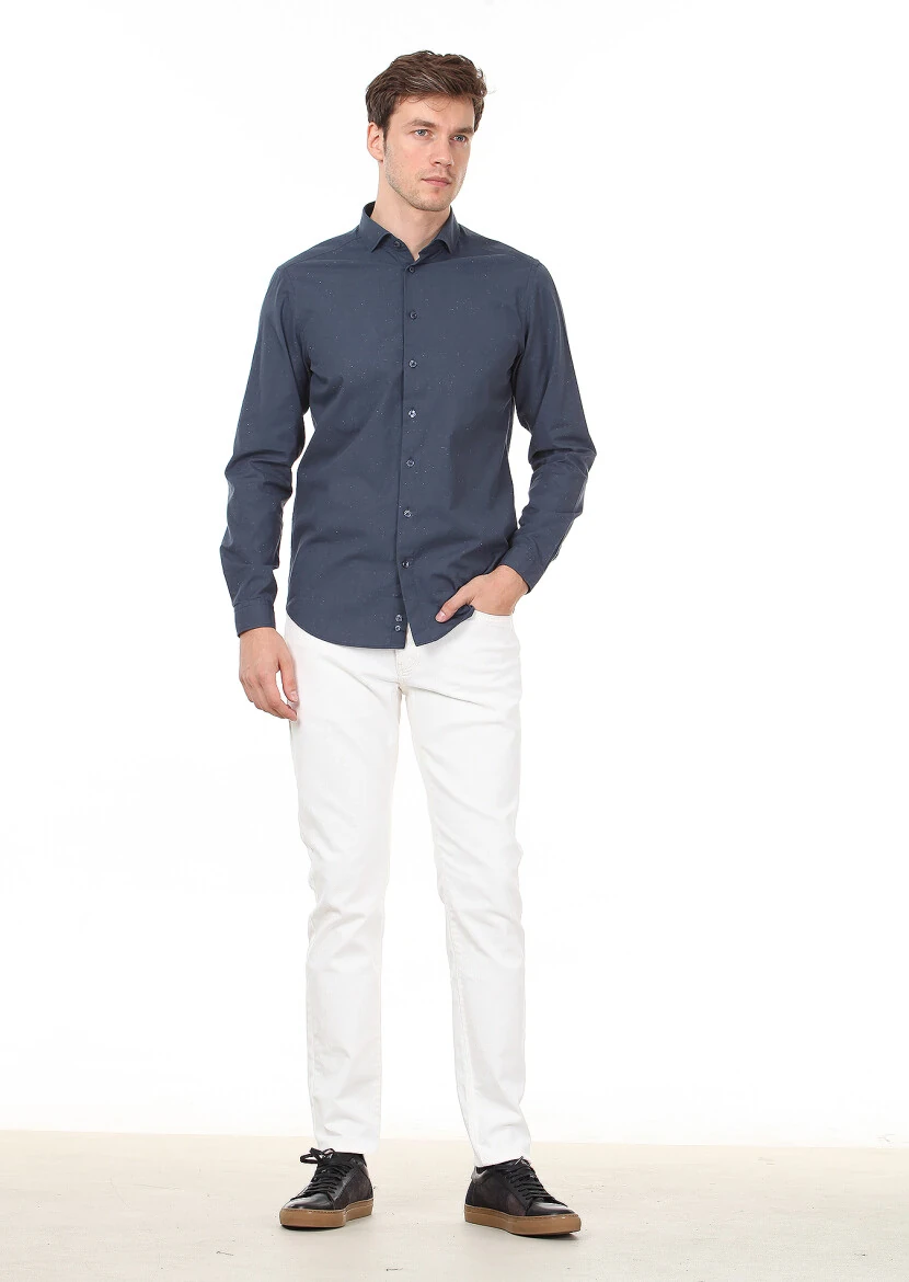 Petrol Düz Slim Fit Dokuma Casual %100 Pamuk Gömlek - 3