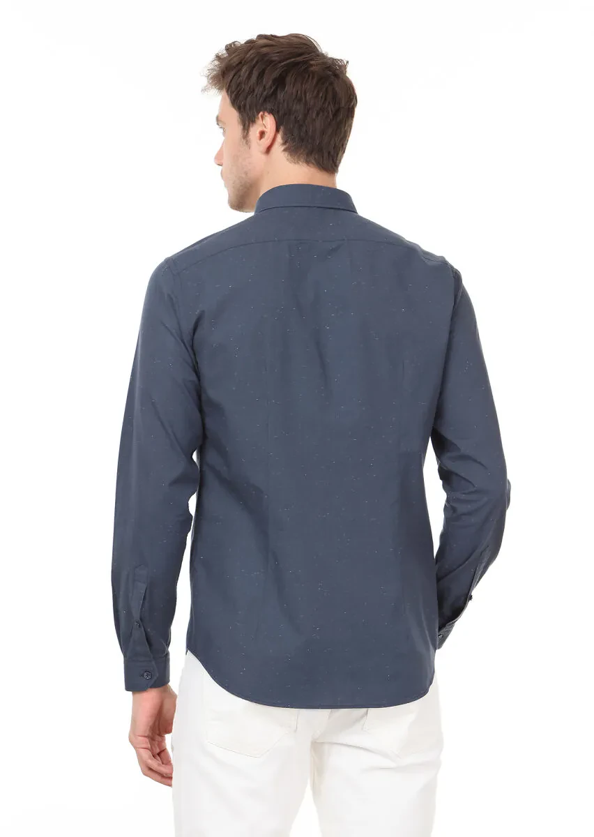 Petrol Düz Slim Fit Dokuma Casual %100 Pamuk Gömlek - 4