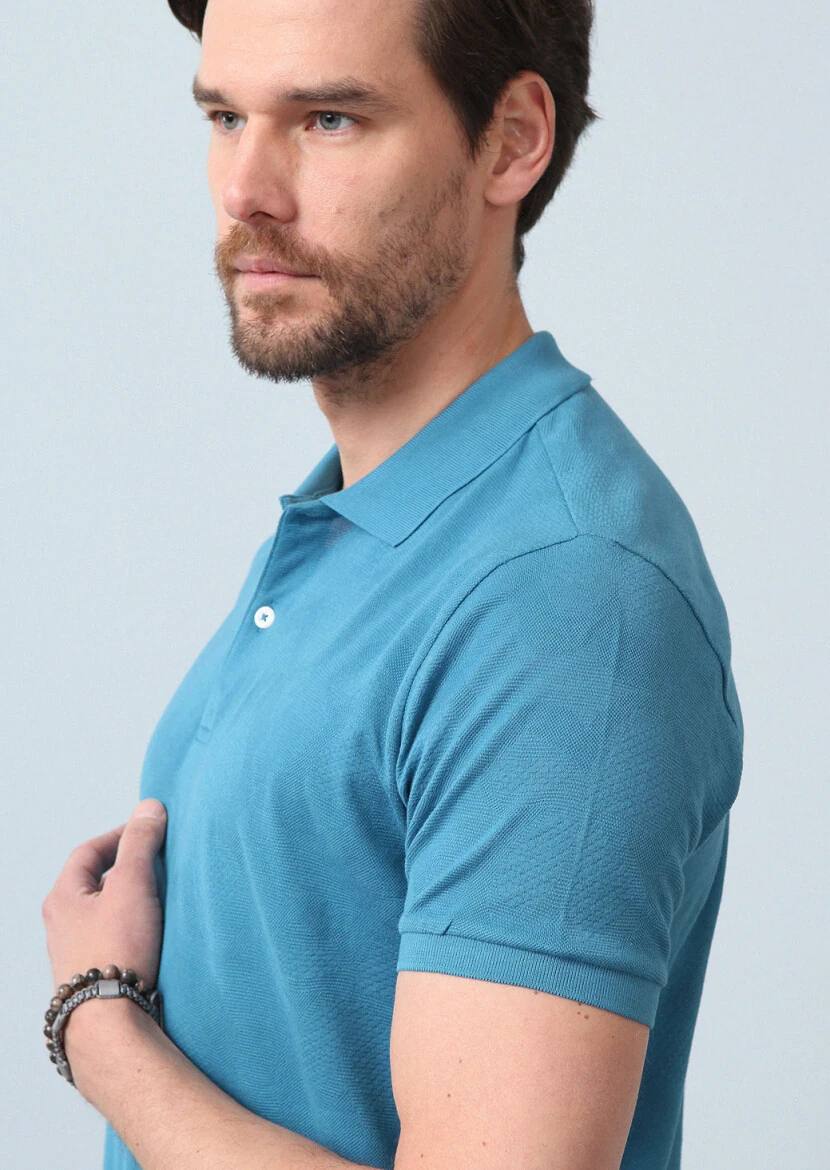 Petrol Jakarlı Polo Yaka %100 Pamuk T-Shirt - 2