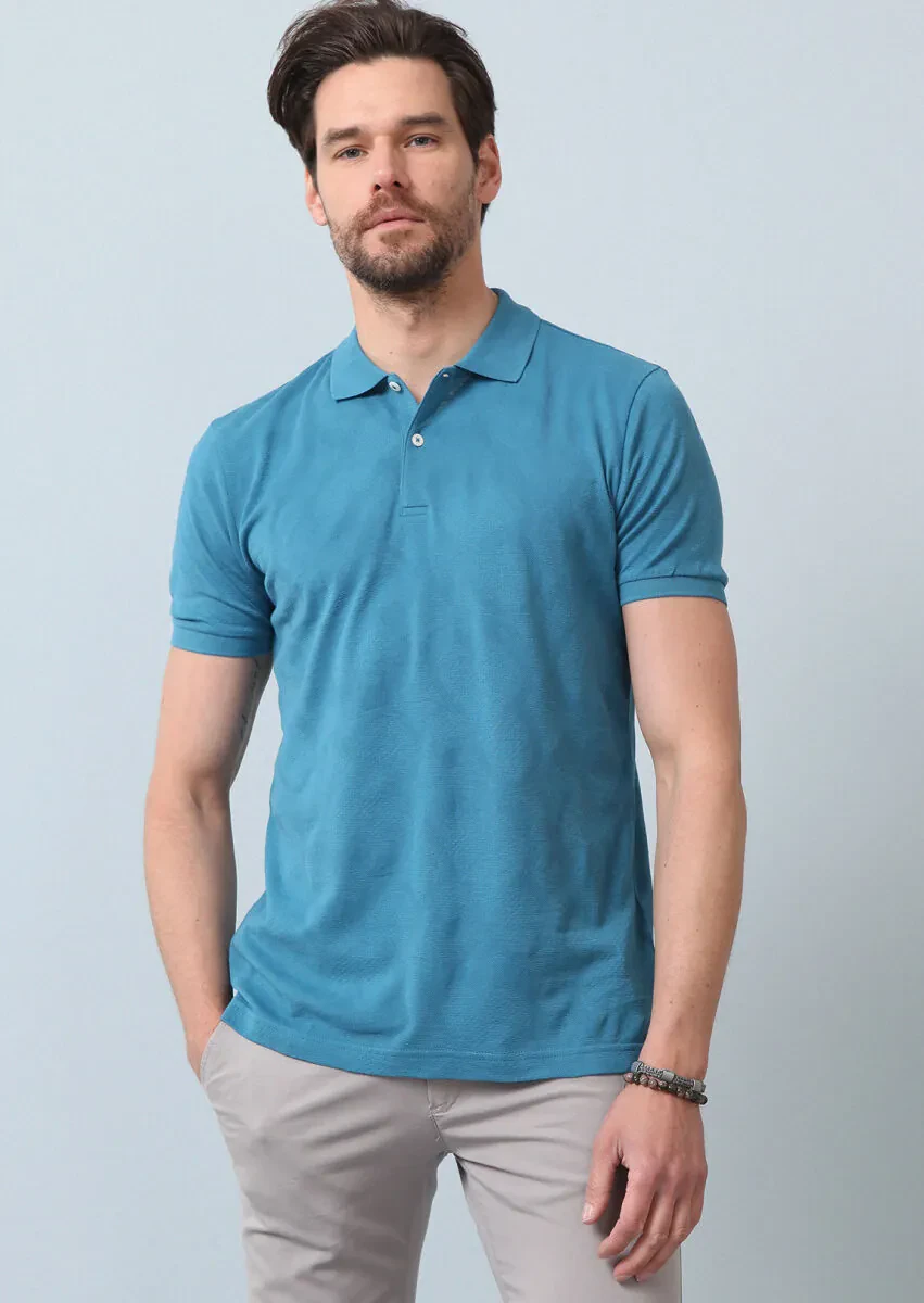 Petrol Jakarlı Polo Yaka %100 Pamuk T-Shirt - 3