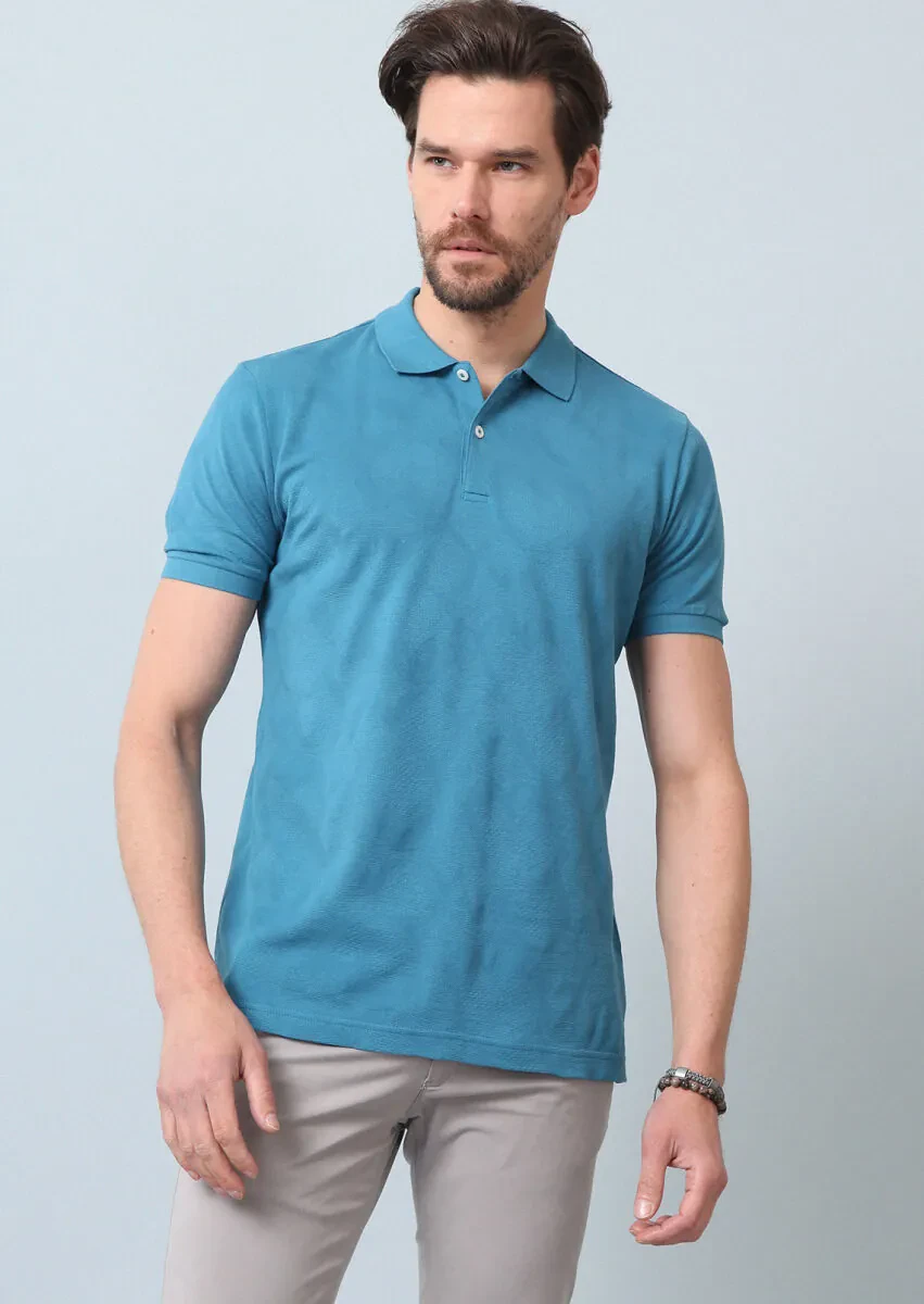 Petrol Jakarlı Polo Yaka %100 Pamuk T-Shirt - 5