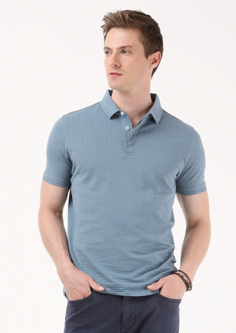 Petrol Jakarlı Polo Yaka %100 Pamuk T-Shirt - 1