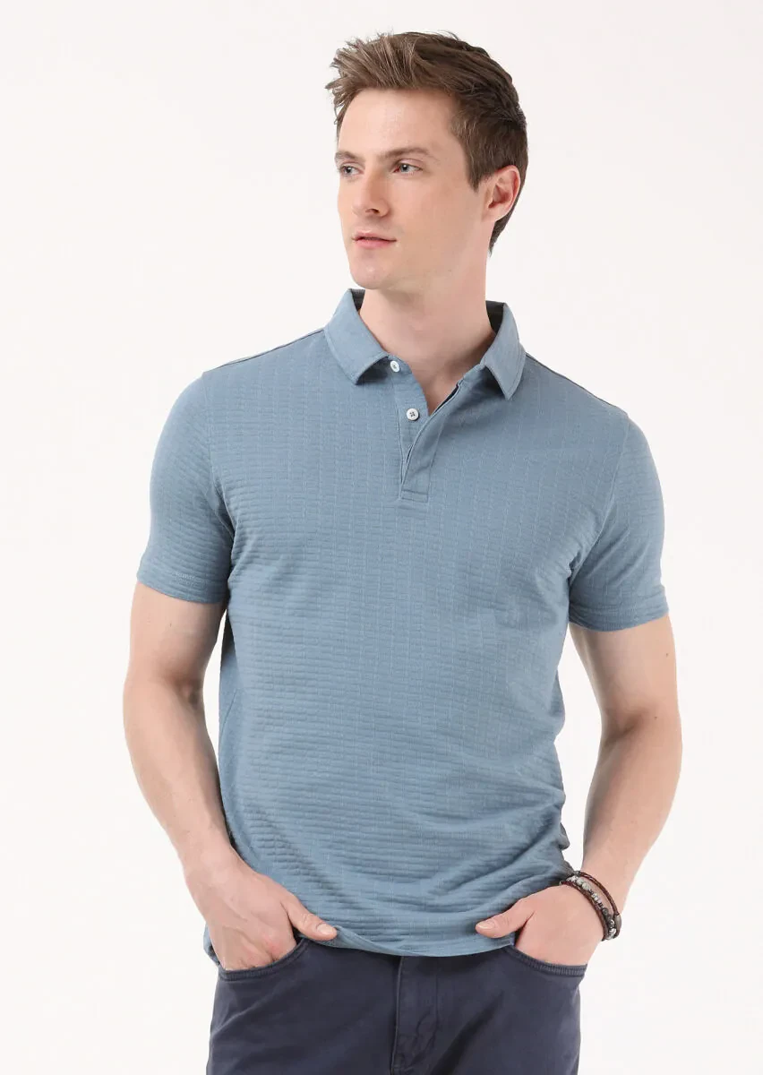 Petrol Jakarlı Polo Yaka %100 Pamuk T-Shirt - 1