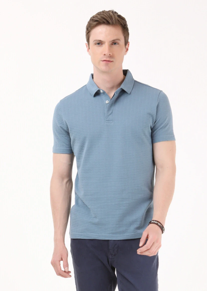 Petrol Jakarlı Polo Yaka %100 Pamuk T-Shirt - 4