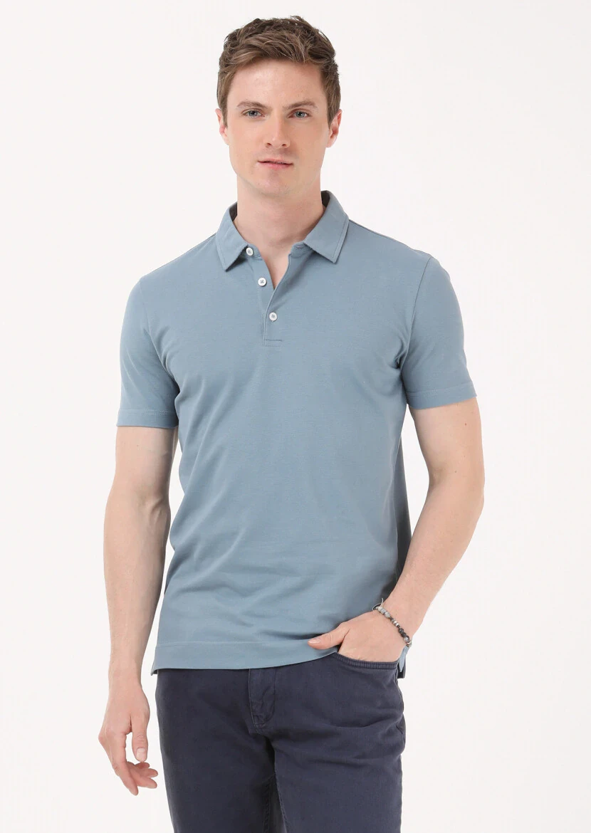 Petrol Jakarlı Polo Yaka %100 Pamuk T-Shirt - 1
