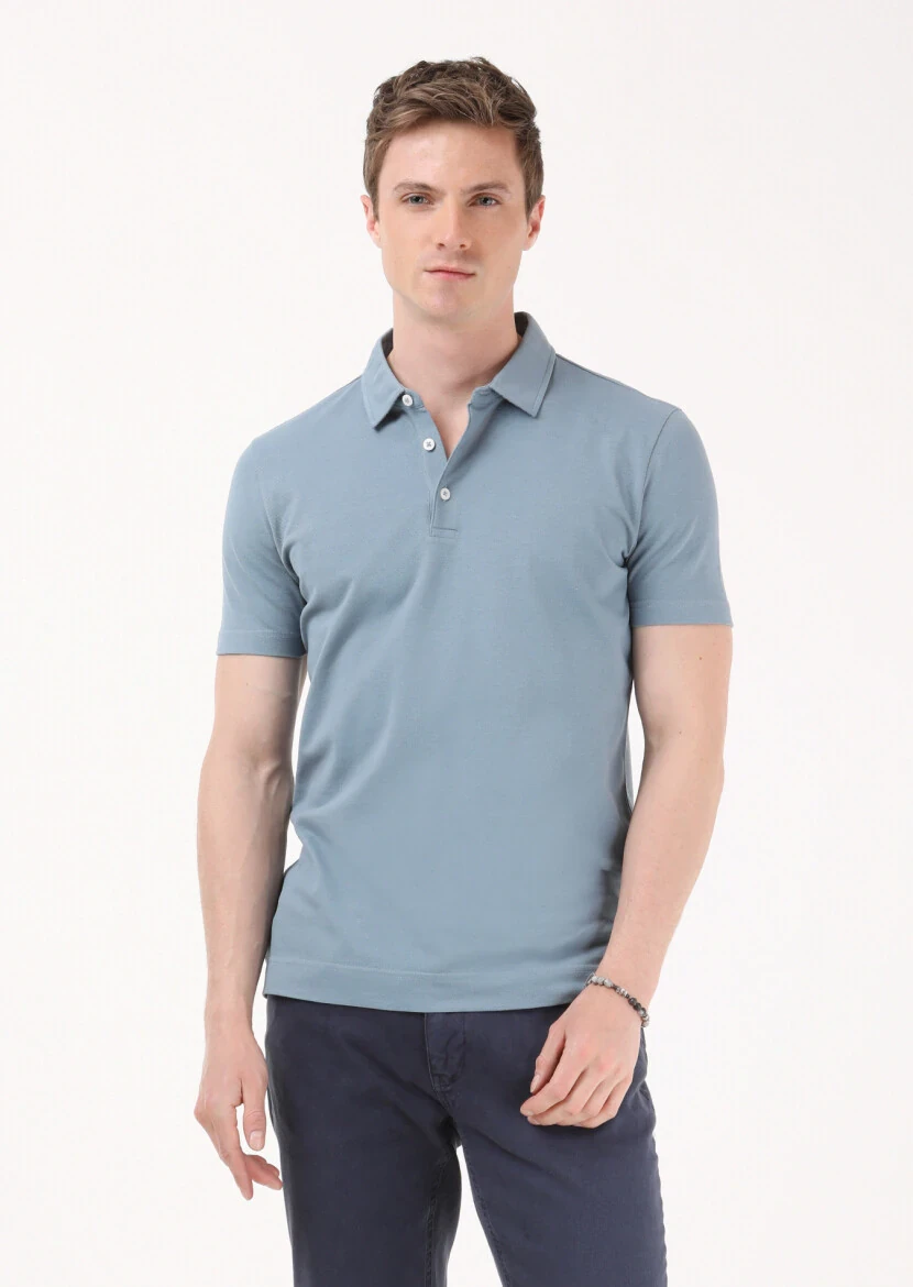 Petrol Jakarlı Polo Yaka %100 Pamuk T-Shirt - 2