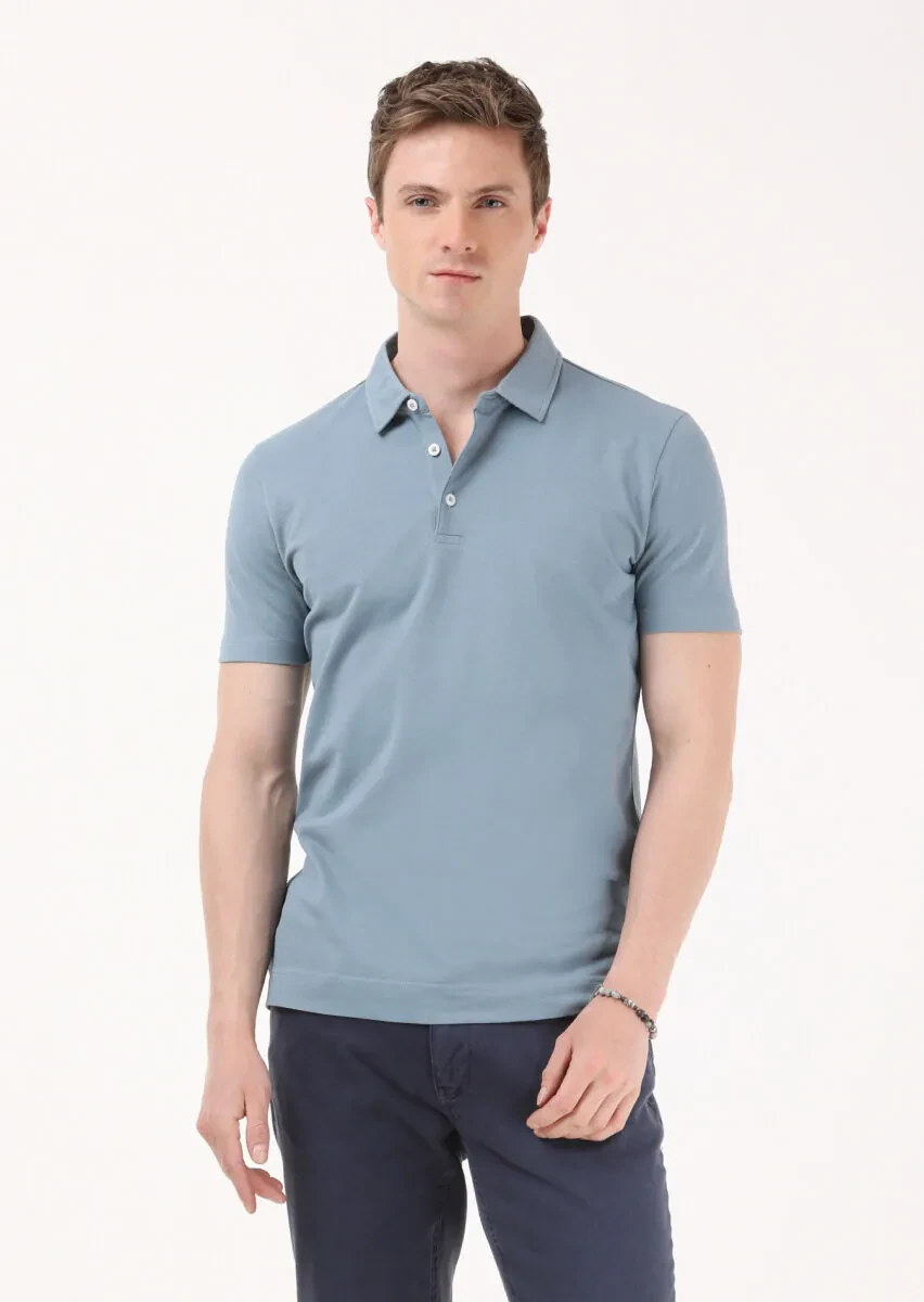 Petrol Jakarlı Polo Yaka %100 Pamuk T-Shirt - 2