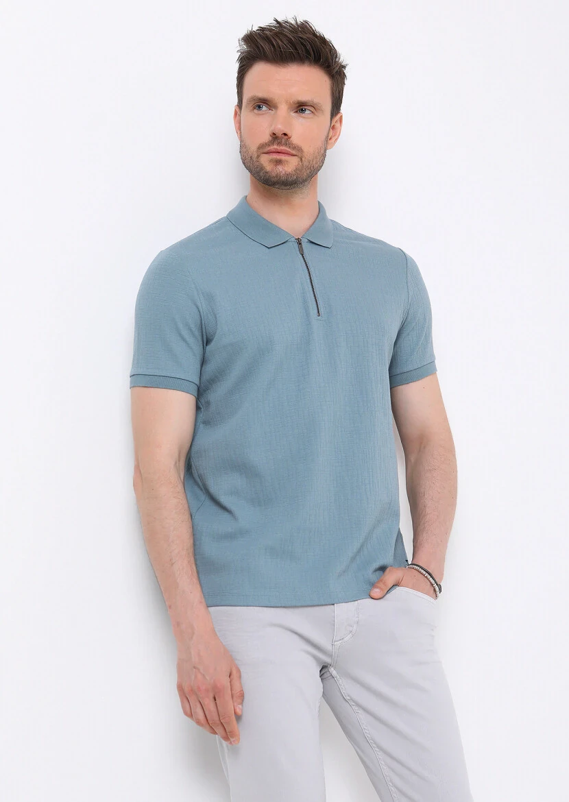 Petrol Jakarlı Polo Yaka Pamuk Karışımlı T-Shirt - 1