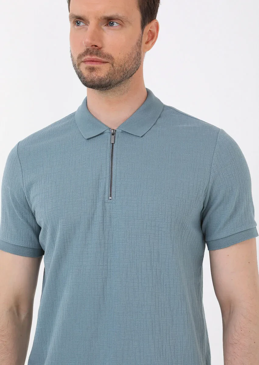 Petrol Jakarlı Polo Yaka Pamuk Karışımlı T-Shirt - 2