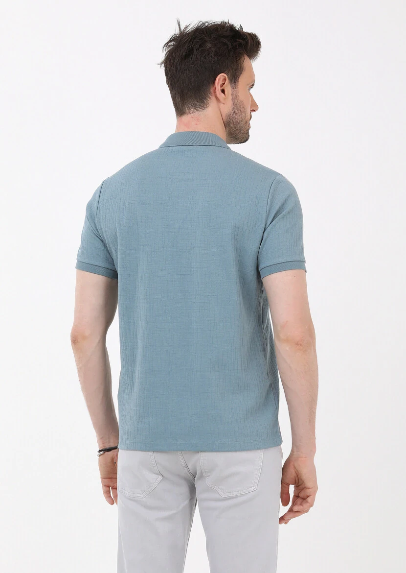 Petrol Jakarlı Polo Yaka Pamuk Karışımlı T-Shirt - 5