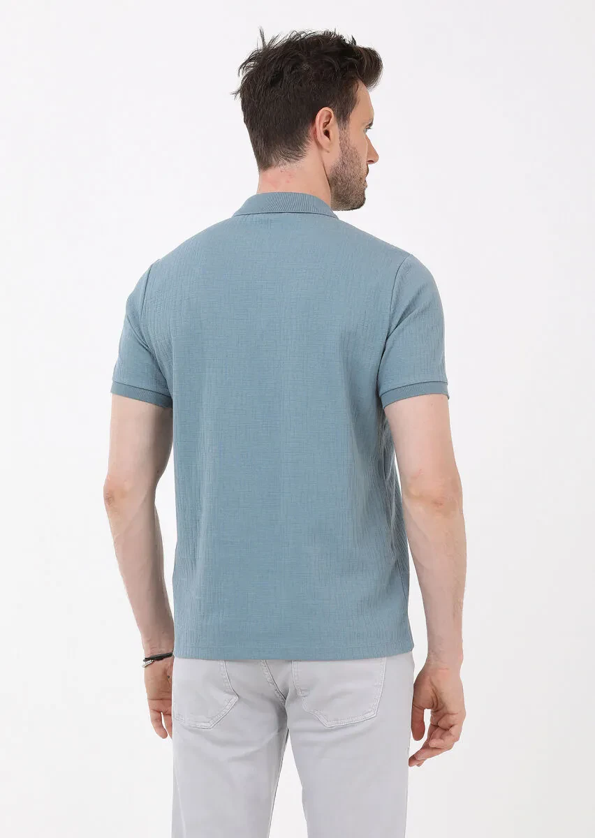 Petrol Jakarlı Polo Yaka Pamuk Karışımlı T-Shirt - 5